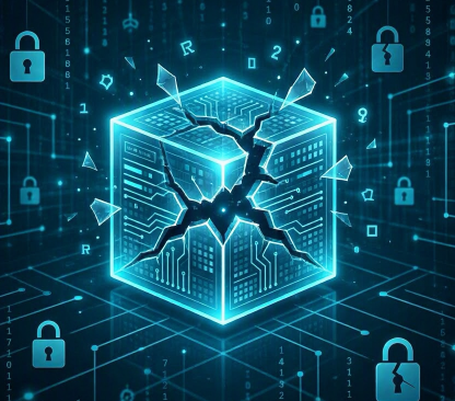 Glowing blue cube with circuitry and a central crack, surrounded by lock icons and data streams—cybersecurity.